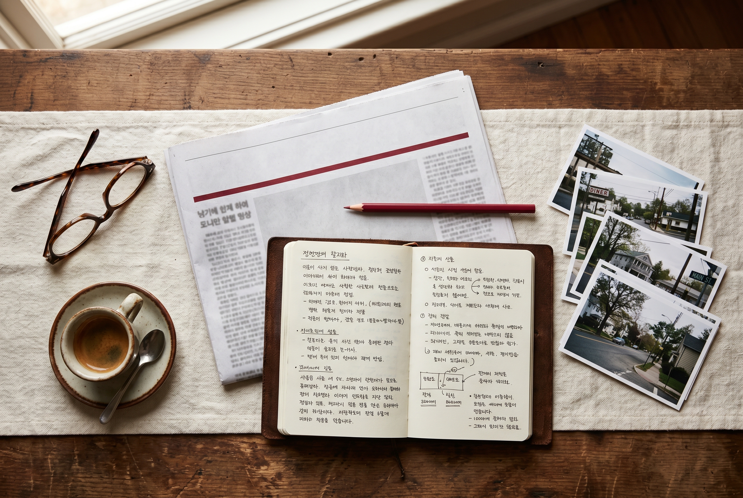 편집부 책상 위에 놓인 한국어 노트와 커피