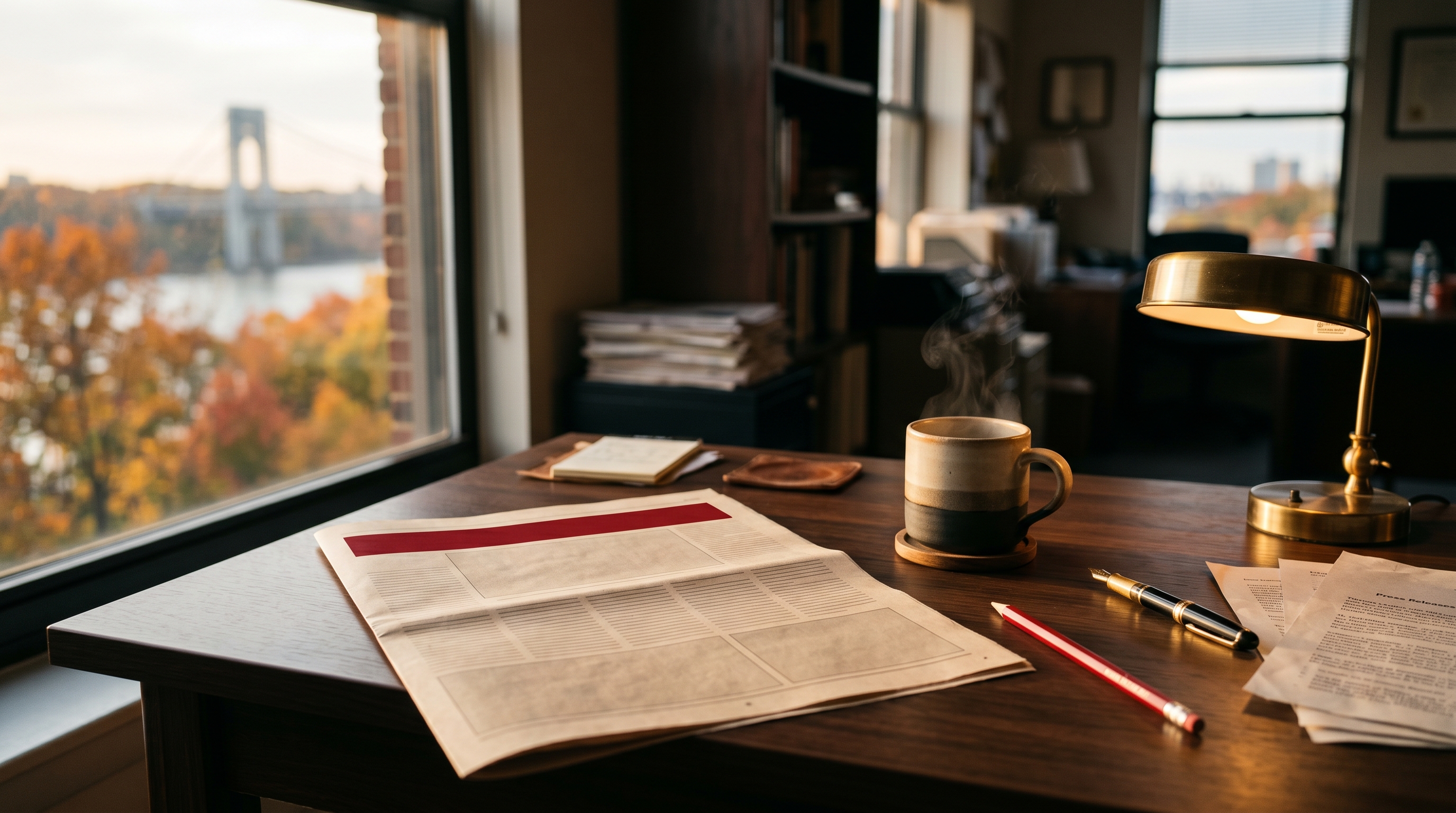 뉴저지 포트리의 가을 아침, 편집부 데스크에 펼쳐진 kbergennews 신문과 김이 오르는 커피