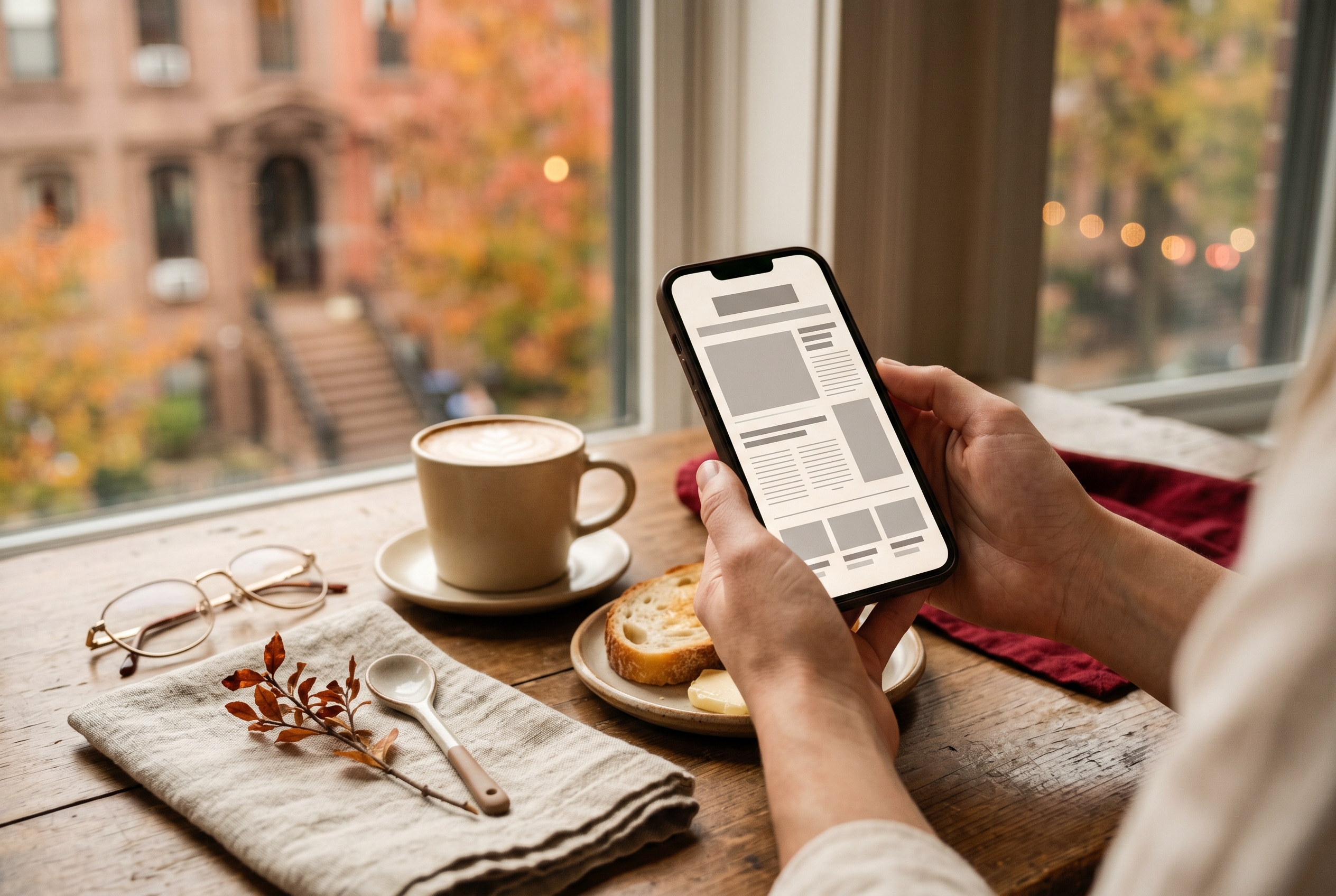 창가의 가을빛 아래 스마트폰으로 kbergennews를 읽는 독자의 손